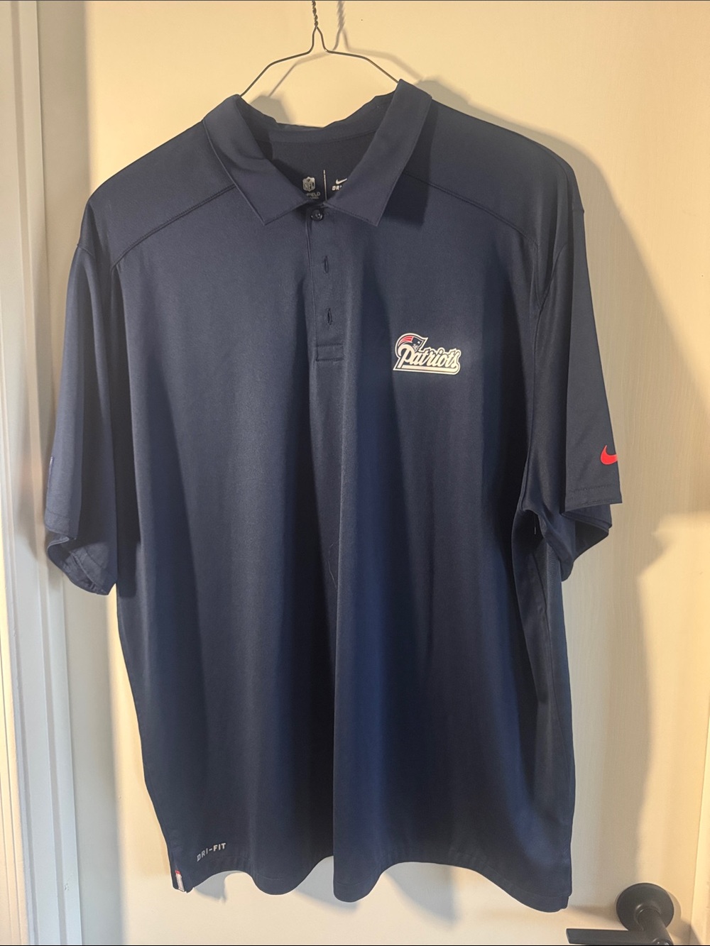 Nike Navy Patriots Dri-FIT Polo with Red Swoosh and Team Patch